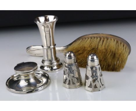 Pair of Mexican silver pepper pots with glass interior, silver tapered vase (af) silver desk inkwell (weighted base) and a si