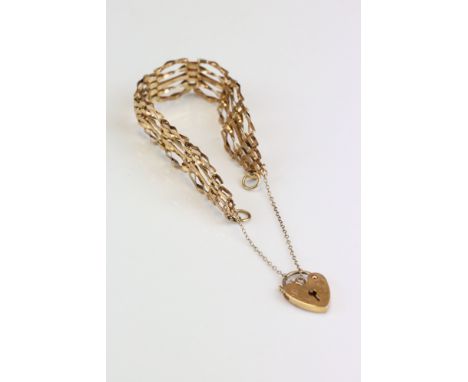 9ct gold gate link bracelet with padlock clasp, width approx 15mm 