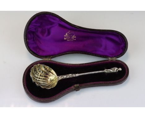 Victorian silver Apostle sifter spoon, gilt bowl, turned stem, apostle finial, makers Henry John Lias &amp; James Wakely, Lon