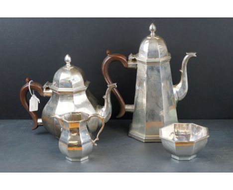 Four piece silver tea and coffee service, octagonal form, comprising teapot, coffee pot, milk jug and sugar bowl, makers John