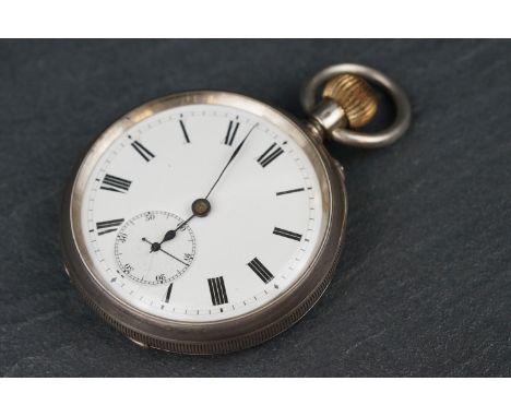 Early 20th century Swiss silver open faced top wind pocket watch, the white enamel dial with black Roman numerals and subsidi