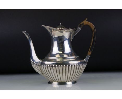 Edwardian silver coffee pot, baluster form, gadrooning to lower half, cast border with shell and acanthus leaf decoration, wo