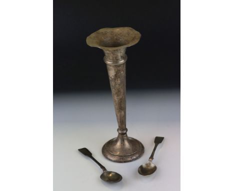 Silver weighted base trumpet vase together with a pair of Victorian silver fiddle pattern teaspoons, makers Josiah Williams &