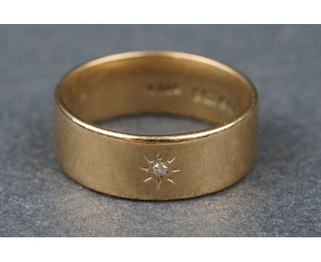 Diamond 9ct yellow gold wedding band, single small round eight cut diamond, gypsy set, band width approx 7.5mm, ring size R 