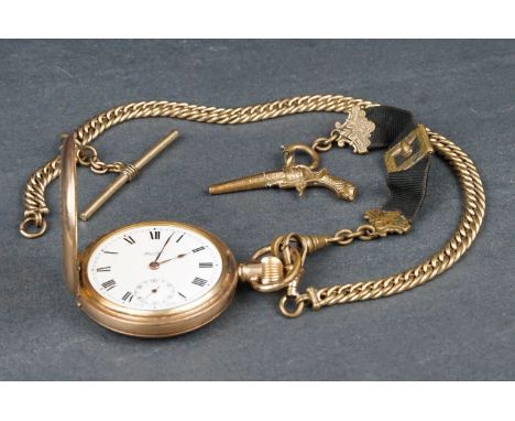 Gold plated full hunter pocket watch, gold plated Albert chain and and a ribbon and gold plated Albertina with gold plated pi