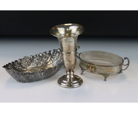 Victorian silver marquise shaped pierced bon bon dish, repoussé floral and foliate scroll decoration, makers James Dixon &amp