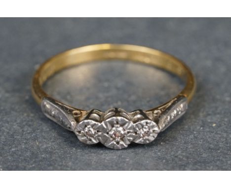 Diamond 18ct yellow and white gold set gold ring, three small round eight cut diamonds, illusion settings, ring size P½ 