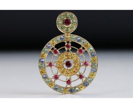 Ruby, blue sapphire, green sapphire and yellow sapphire 9ct yellow gold pendant, the pierced design formed of concentric circ