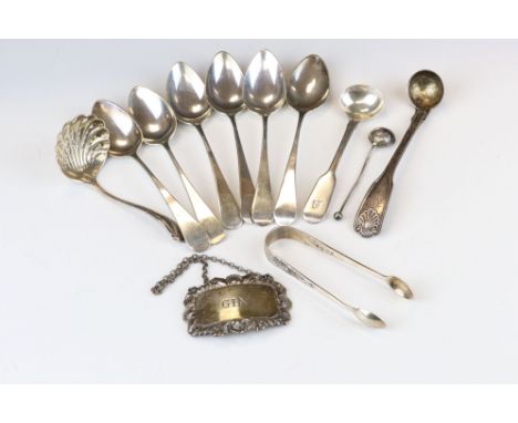 Assorted silver to include five George III silver teaspoons, a silver Gin decanter label, silver sifter spoon etc 