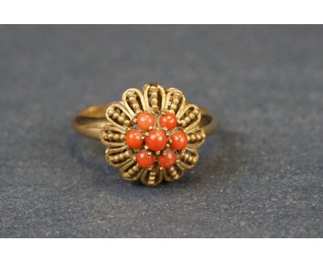 Coral yellow metal cluster ring, five small round cabochon cut coral stone, granulation detailing to head,  ring size M½, ass