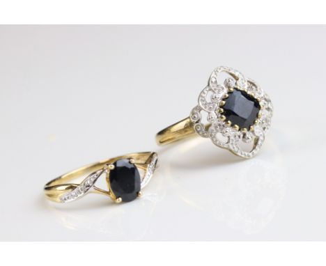 Black sapphire and diamond fancy cluster ring, square mixed cut sapphire, four small round eight cut diamond accents, illusio