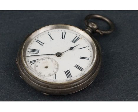 Victorian silver open faced key wind pocket watch, white enamel dial with black Roman numerals and subsidiary seconds dial, b