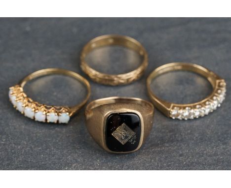 Black onyx and diamond 9ct yellow gold signet ring, small rose cut diamond to centre, together with three 9ct yellow gold dre