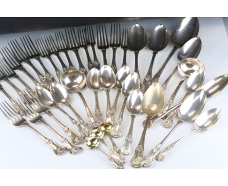 Early Victorian silver flatware, waisted shell pattern, comprising spoons, forks, salt spoons, ladle, makers John James Whiti