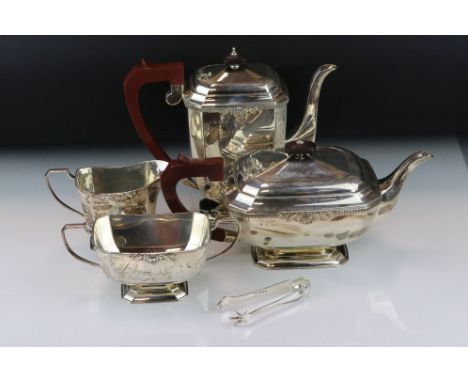 Four piece silver tea and coffee service, comprising teapot, coffee pot, milk jug and twin handled sugar bowl, each raised on