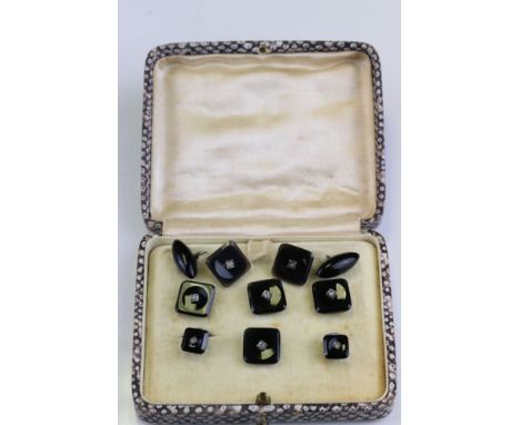 Art Deco black onyx and paste cufflinks and dress stud set, each square black onyx panel set with single paste stone, white m