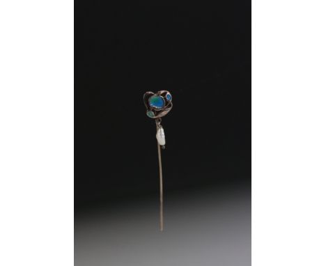 Liberty &amp; Co Arts &amp; Crafts style enamelled baroque pearl silver stick pin, the sinuous openwork head with blue and gr