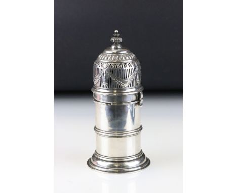 Early 20th century silver lighthouse sugar/ icing sugar caster, raised on moulded circular foot, pierced swag decoration, oge