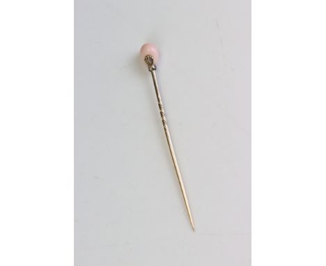 Victorian conch pearl and diamond yellow metal stick pin, the elliptical conch pearl measuring approx 8.5mm x 6.5mm, the conc