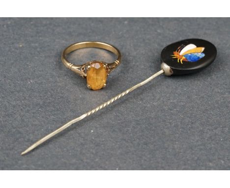 Victorian pietra dura stick pin depicting an insect together with a citrine 9ct yellow gold ring, the oval mixed cut citrine 