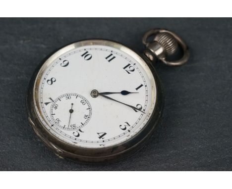 Silver open faced top wind pocket watch, white enamel dial with black Arabic numerals and subsidiary dial, poker hands, the c