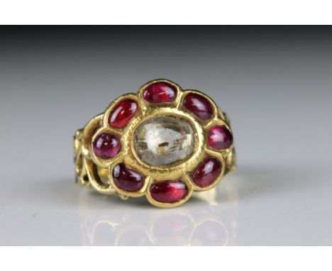 19th century Indian ruby and diamond high carat yellow gold cluster ring, the flat backed faceted diamond measuring approx 5.