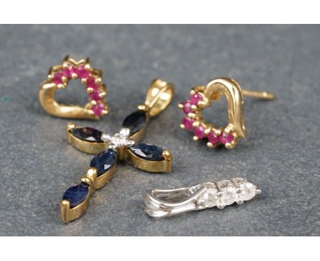 Sapphire 9ct yellow gold cross pendant, length approx 2cm (excluding bale); diamond three stone 9ct white gold pendant, lengt