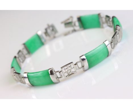 Chinese jade silver panel bracelet, six rectangular cabochon cut jade panels, collar set, six pierced character mark panel sp