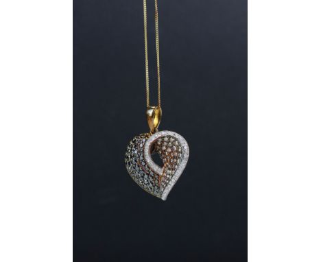 Diamond 9ct yellow and white gold set heart shaped pendant necklace, one half of the heart set with forty-six small round bri