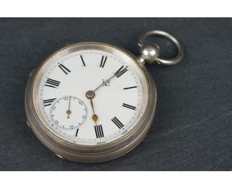 Victorian silver open face key wind pocket watch, white enamel dial and seconds dial, poker hands, engine turned decoration t