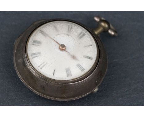 George III silver pair cased open faced key wind fusee pocket watch, the white enamel dial with black Roman numerals and copp