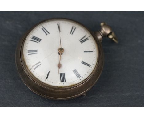 William IV silver pair cased open face key wind fusee pocket watch, white enamel dial with black Roman numerals, poker hands,