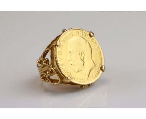 Half sovereign coin ring, George and the Dragon back, dated 1925, yellow metal openwork mount with granulation decoration, ri