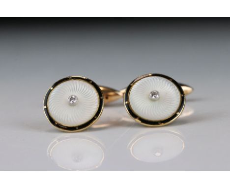 Pair of diamond, mother-of-pearl, enamelled 15ct and 18ct gold chain link cufflinks, the 18ct yellow gold circular panel set 