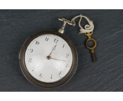 George III silver pair cased open face key wind fusee pocket watch, the white enamel dial with black Arabic numerals, the mov