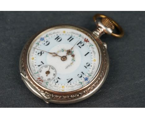 Continental silver open face top wind pocket watch, the pale blue and white enamel dial with floral border, black Arabic nume