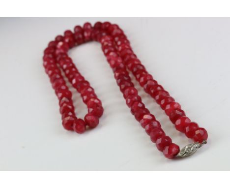 Ruby and diamond 9ct white gold necklace, comprising seventy-eight round faceted opaque ruby beads, each bead measuring appro