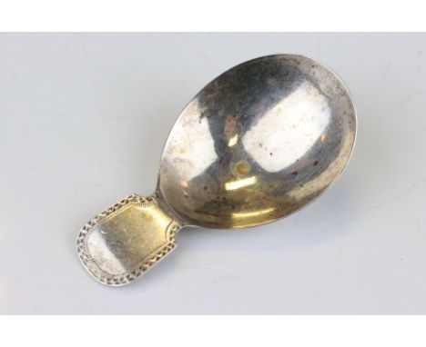 George III silver caddy spoon, fig shaped bowl, bright cut decoration to the handle, makers Josiah Snatt, London 1804, length
