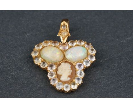 Victorian opal, shell opal and white sapphire yellow metal pendant, two oval cabochon cut precious white opals displaying vio