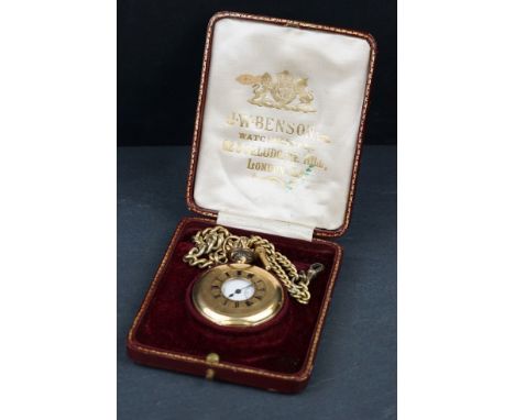 JW Benson 18ct yellow gold half hunter top wind pocket watch, white enamel dial and seconds dial, black Roman numerals and po