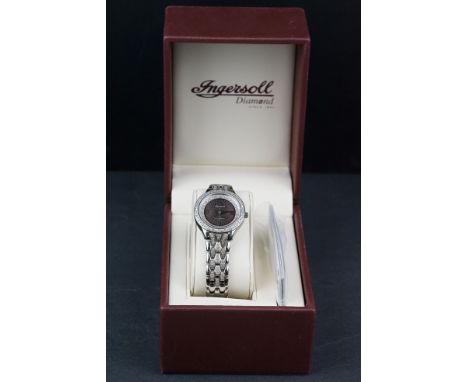 Ingersoll ladies diamond stainless steel wristwatch, engine turned gunmetal dial, steel coloured Roman numerals at the quarte