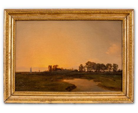 Jentzen, Friedrich  (Schwerin 1815-1901) Mecklenburgische Landschaft bei untergehender Sonne  In der Ferne Mühle, zwischen de