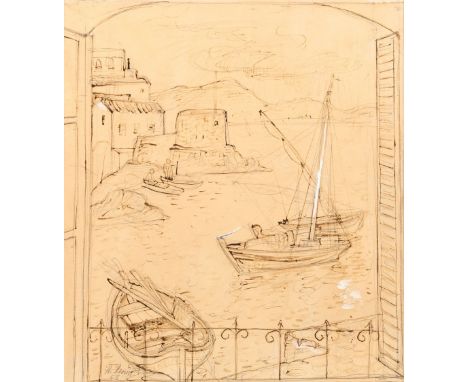 Heuser, Heinrich (Stralsund, Berlin 1887-1967) Fensterausblick auf befestigten südländischen Fischerhafen  Sign. u. dat. (19)