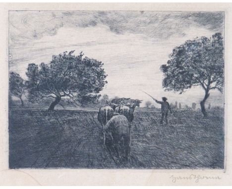 Thoma, Hans (Bernau, Karlsruhe 1835-1924) Pflügende Bauern mit Ochsengespann  in Landschaft. Radierung. Sign. 15×22 cm. (Flec