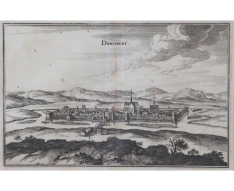 Amsterdam. Donchery.  Hafenansicht mit Stadtsilhouette. Donchery. Zwei Kupferstiche, davon einer kol. 14×10 u. 18×28. 18. u. 