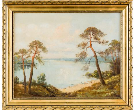 Pisetto, W. (20. Jh.) Die Havel am Großen Fenster  Mit Blick auf den Grunewaldturm. Sign. Hartfaserplatte. 40×50cm. R. (36672