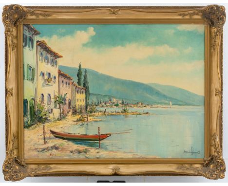 Unbekannter Maler  (20. Jh.) Oberitalienischer See  u. Häuserzeile am Ufer. Schwer lesbar sign. Lwd. 60×80 cm. R. (48785)