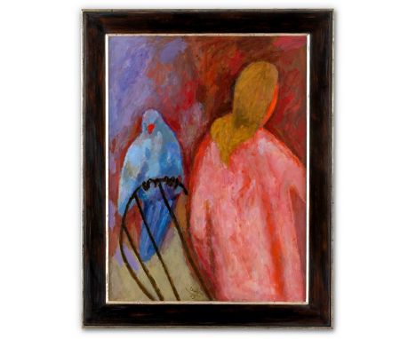 Laabs, Hans  (Treptow/Ostpommern, Berlin 1915-2004) Mädchen mit Papagei  Sign. u. dat. (19)59. Öl auf Malkarton. 81×61 cm. Rü