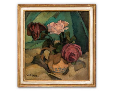 Püttner, Walter  (Leipzig, Bad Aibling 1872-1953) Drei Rosen in Tonkrug vor Draperie   Sign. Öl auf Lwd. 36,3×36,3 cm. (2 kl.