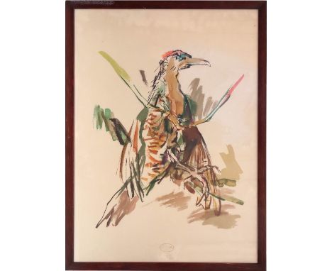 Oskar-Kokoschka-Editionsdruck  Vogel. In vier Farben. 65×47 cm. Namensstempel. Prägestempel.  Beigegeben:  Blumenstrauß. Sege